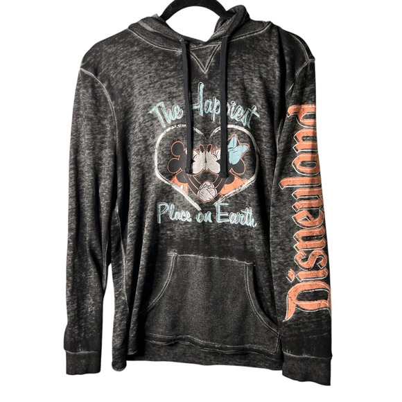 Disney Other - DISNEYLAND Hoodie Shirt Top LARGE Black Burnout Mickey Minnie Lightweight Pocket